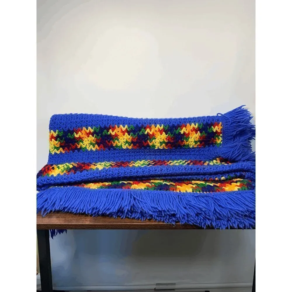 Handcrafted Fringe Woven Rug Blanket Blue Yellow Hues 54x58''